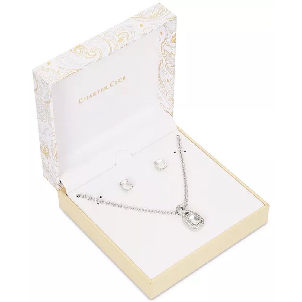CharterĀ Club Silver-Tone Pave & Emerald-CrystalāPendantāNecklaceā&āStudāEarrings